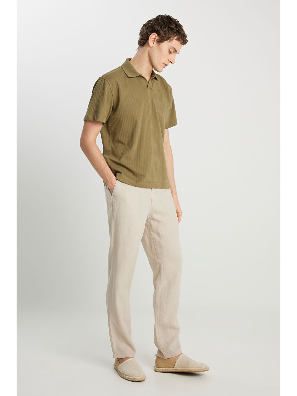 %100 Keten Regular Fit Normal Kesim Normal Bel Düz Paça Bej Pantolon-1