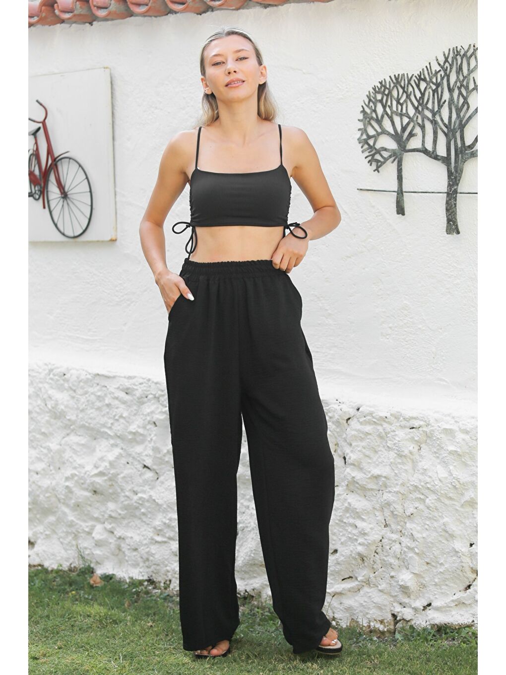 Siyah Cepli Örme Lastikli Bel Bol Paça Casual Pantolon-4