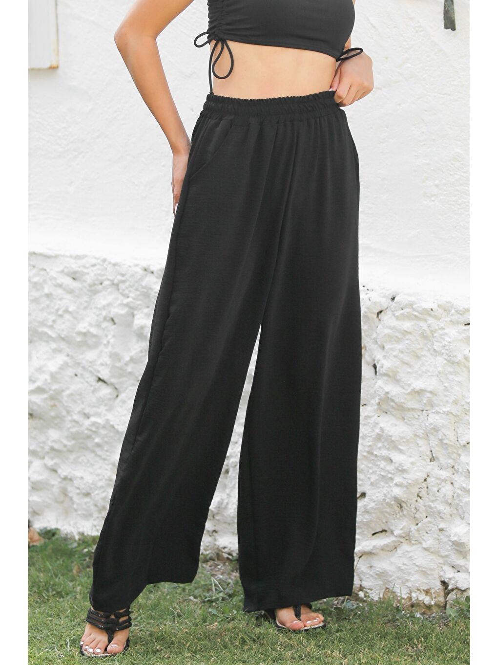 Siyah Cepli Örme Lastikli Bel Bol Paça Casual Pantolon-6