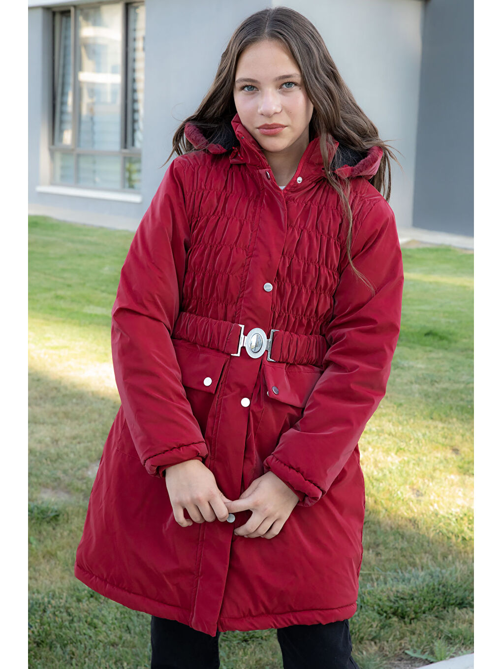 Bordo Kemerli Nubuk Kumaş Kız Çocuk İçi Kürklü Kapüşonlu Şişme Mont 21314-4