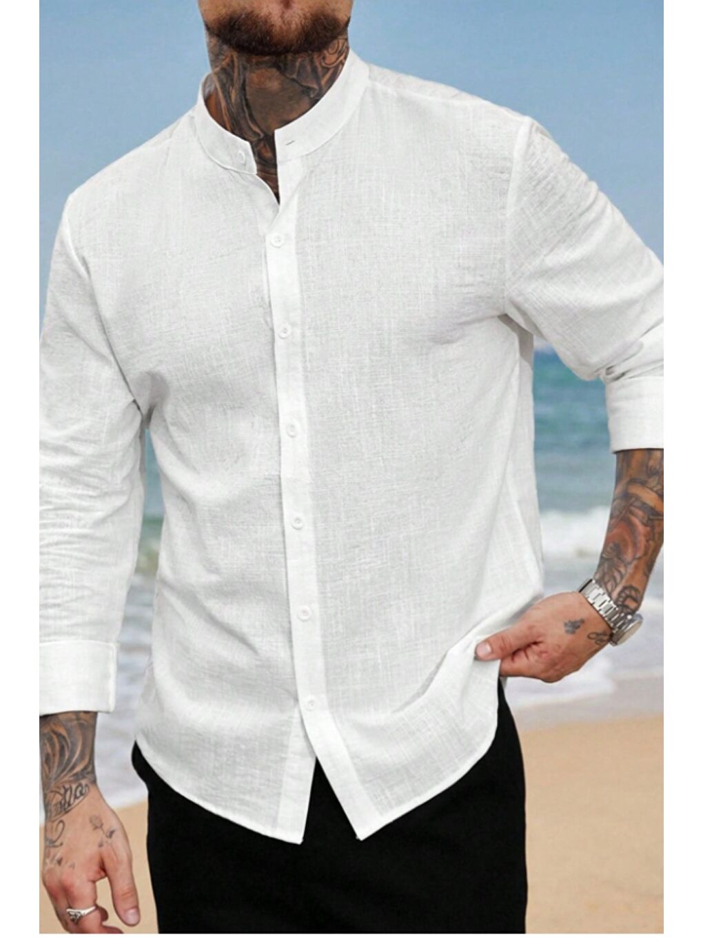 Beyaz Erkek Regular Hakim Yaka Keten Görünümlü Gömlek