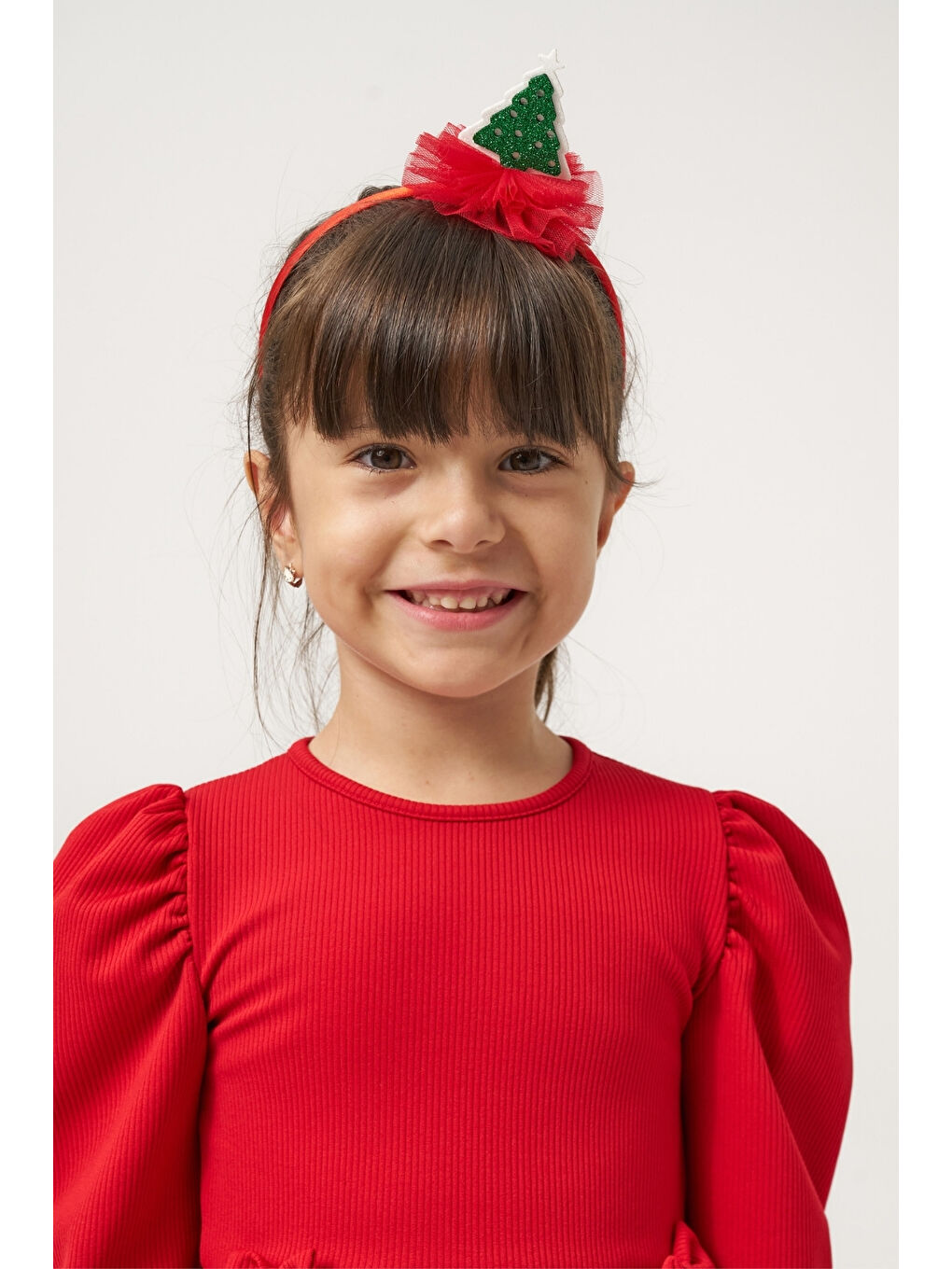 Kırmızı  Eteği Çam Ağaçlı Kız Çocuk Elbise - Nomi-6