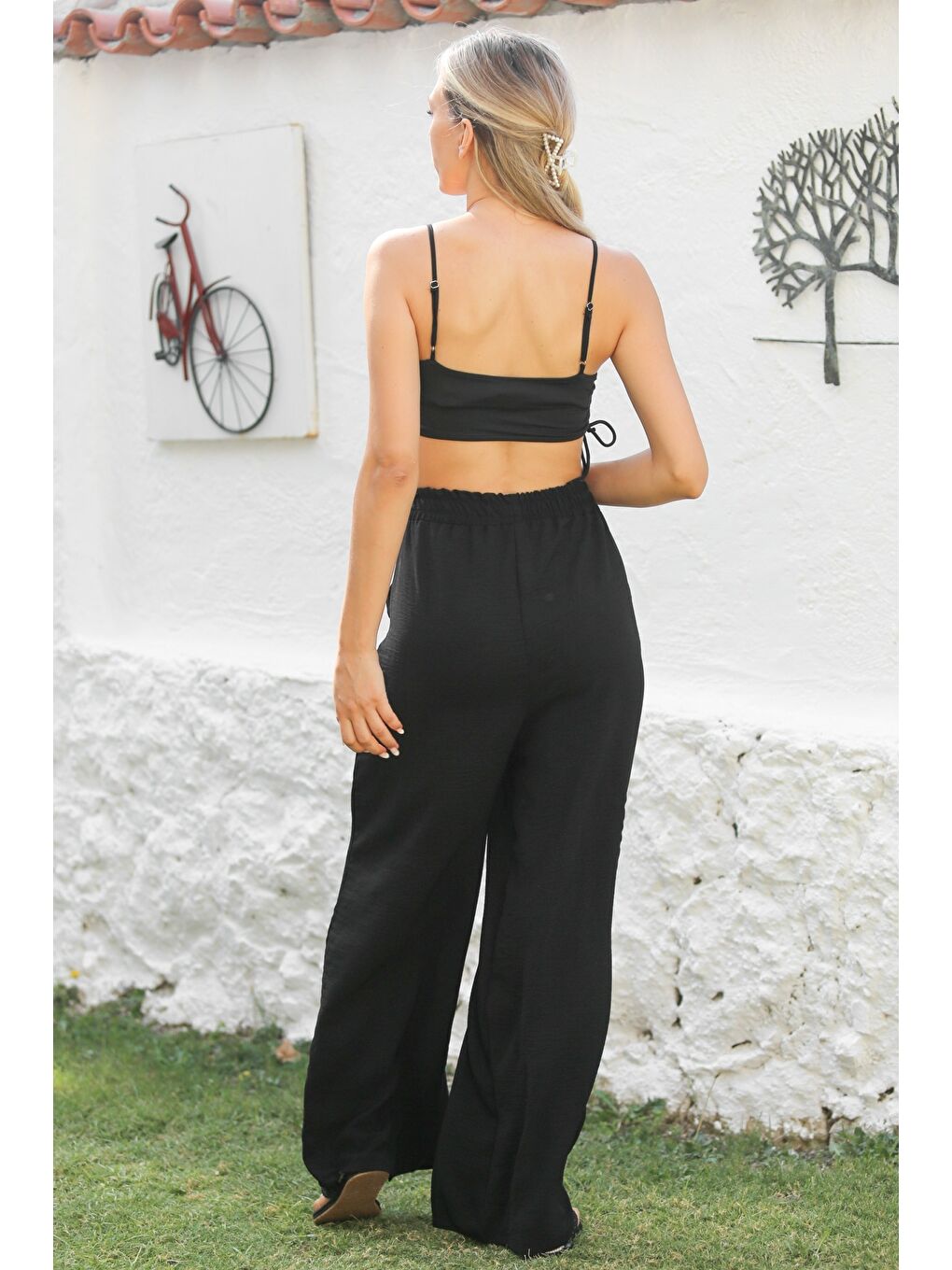 Siyah Cepli Örme Lastikli Bel Bol Paça Casual Pantolon-7