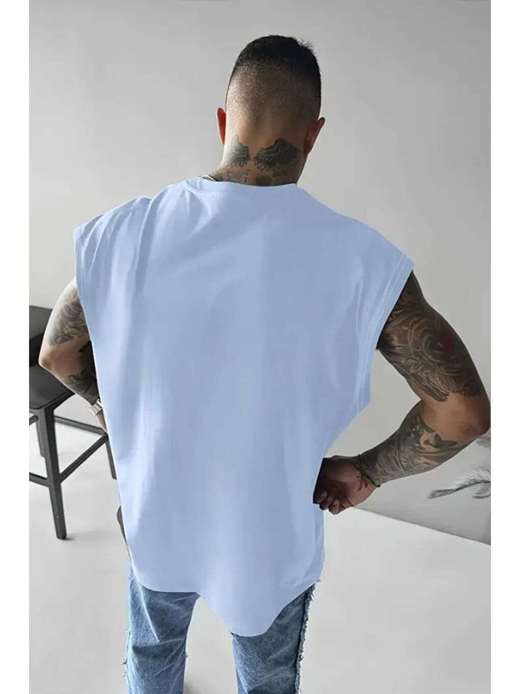 Mavi I Don't Care Baskılı Kolsuz Atlet tshirt Erkek Sıfır Kol Oversize T-SHİRT-1