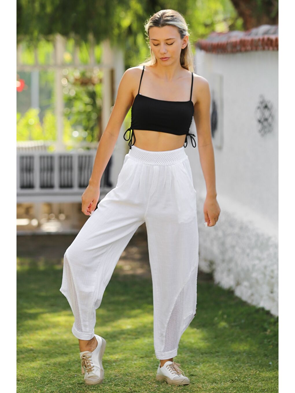 Beyaz Cepli File Detaylı Yıkamalı Dokuma Lastikli Bel Jogger Paça Casual Pantolon-2