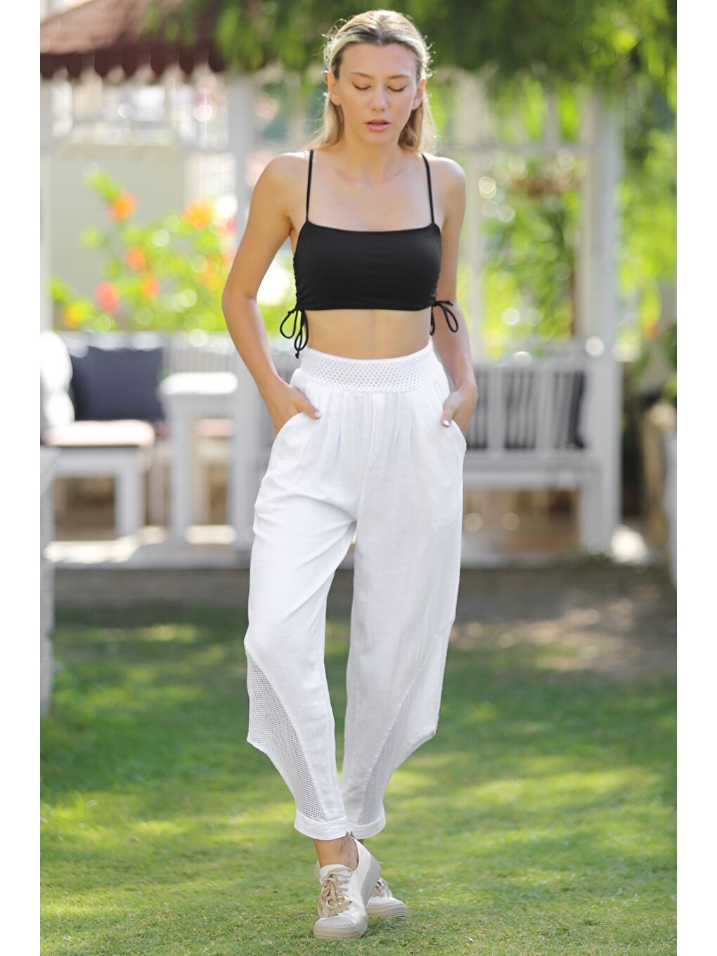 Beyaz Cepli File Detaylı Yıkamalı Dokuma Lastikli Bel Jogger Paça Casual Pantolon-3