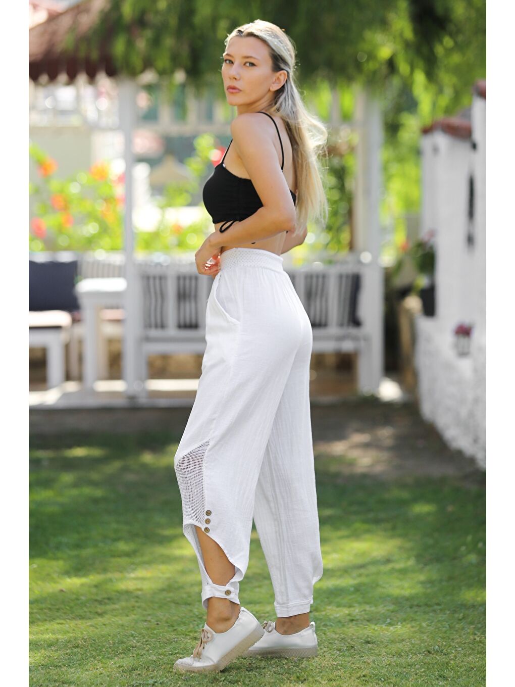 Beyaz Cepli File Detaylı Yıkamalı Dokuma Lastikli Bel Jogger Paça Casual Pantolon-5