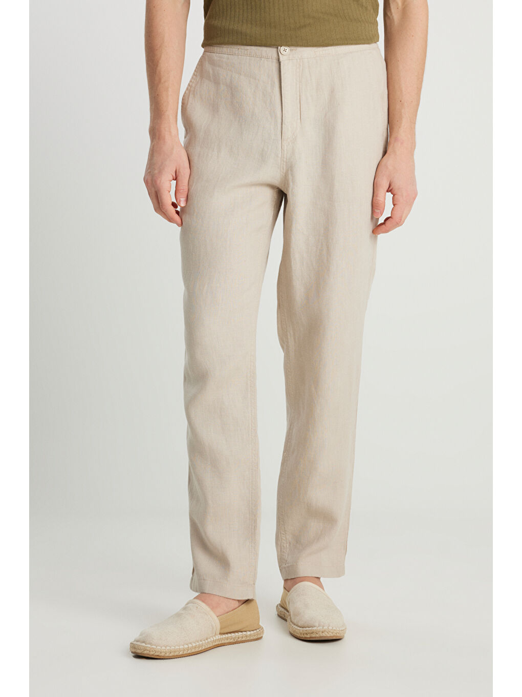 %100 Keten Regular Fit Normal Kesim Normal Bel Düz Paça Bej Pantolon-2