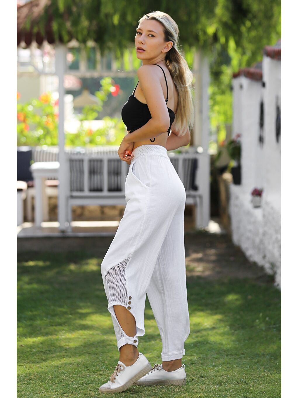 Beyaz Cepli File Detaylı Yıkamalı Dokuma Lastikli Bel Jogger Paça Casual Pantolon-6