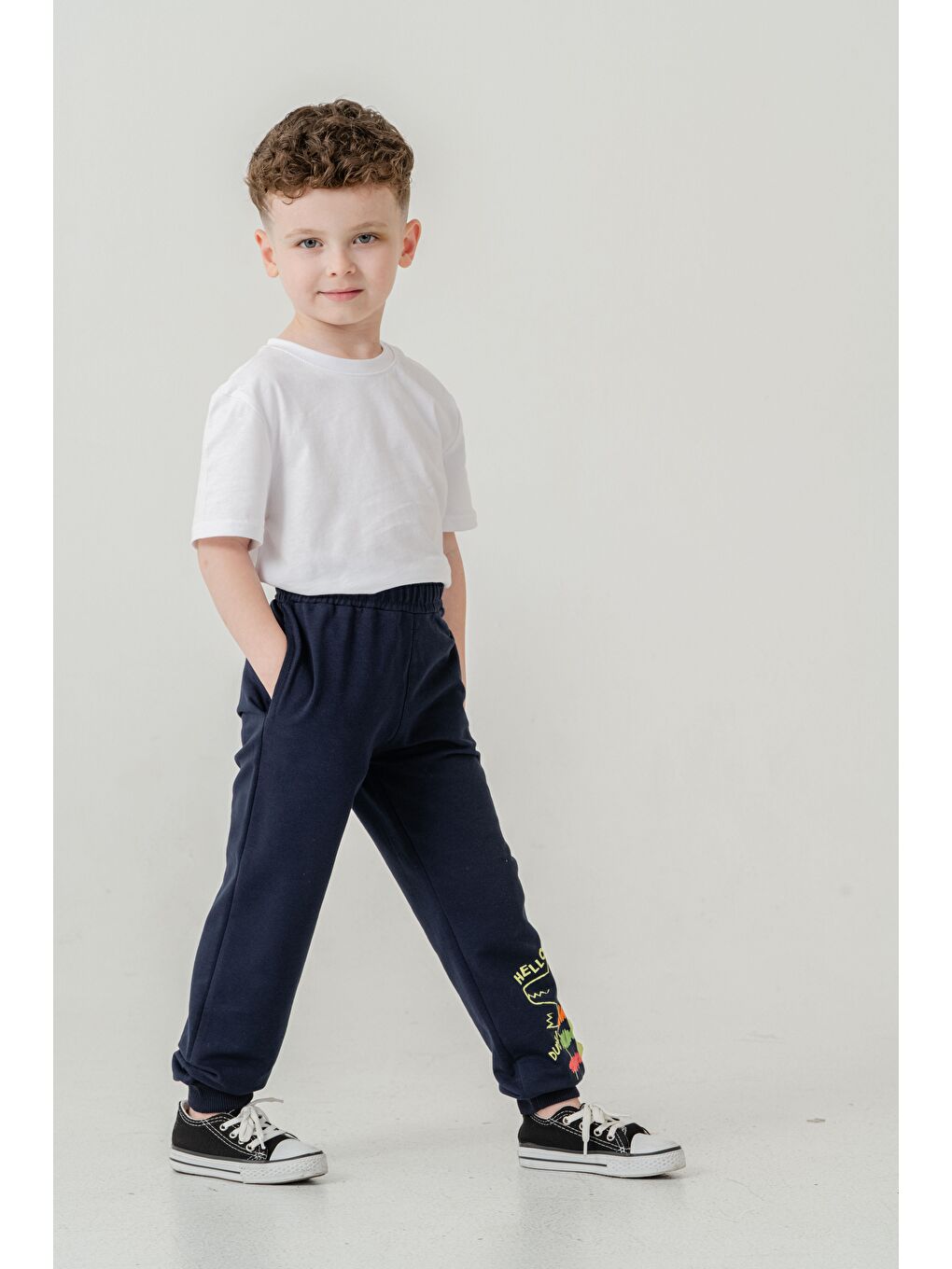 Lacivert Sol Alt Paça Baskılı Lazer Kesim Paça Ribalı Erkek Çocuk Eşofman Alt-1