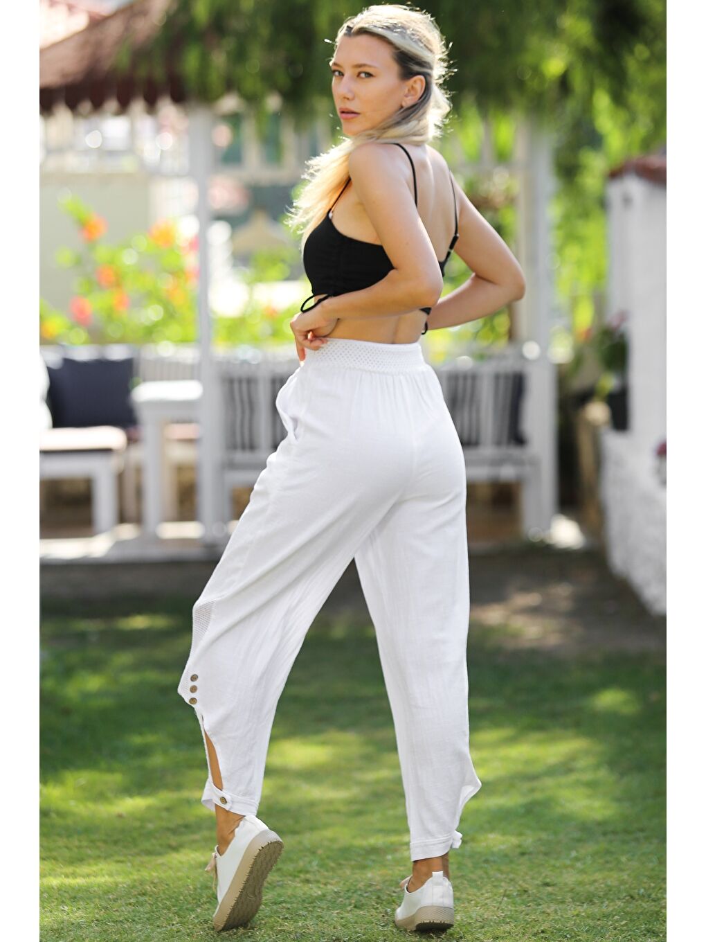 Beyaz Cepli File Detaylı Yıkamalı Dokuma Lastikli Bel Jogger Paça Casual Pantolon-7