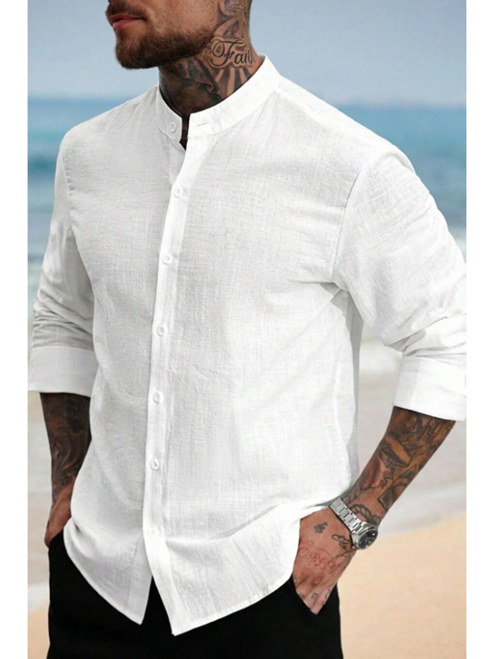 Beyaz Erkek Regular Hakim Yaka Keten Görünümlü Gömlek-1