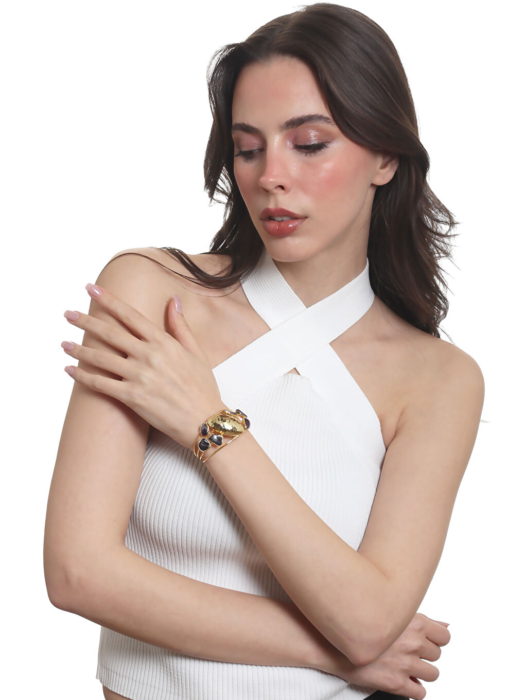 Karışık Kadın Ametist Doğal Taşlı Dört Telli El Yapımı Tasarım Bileklik-6