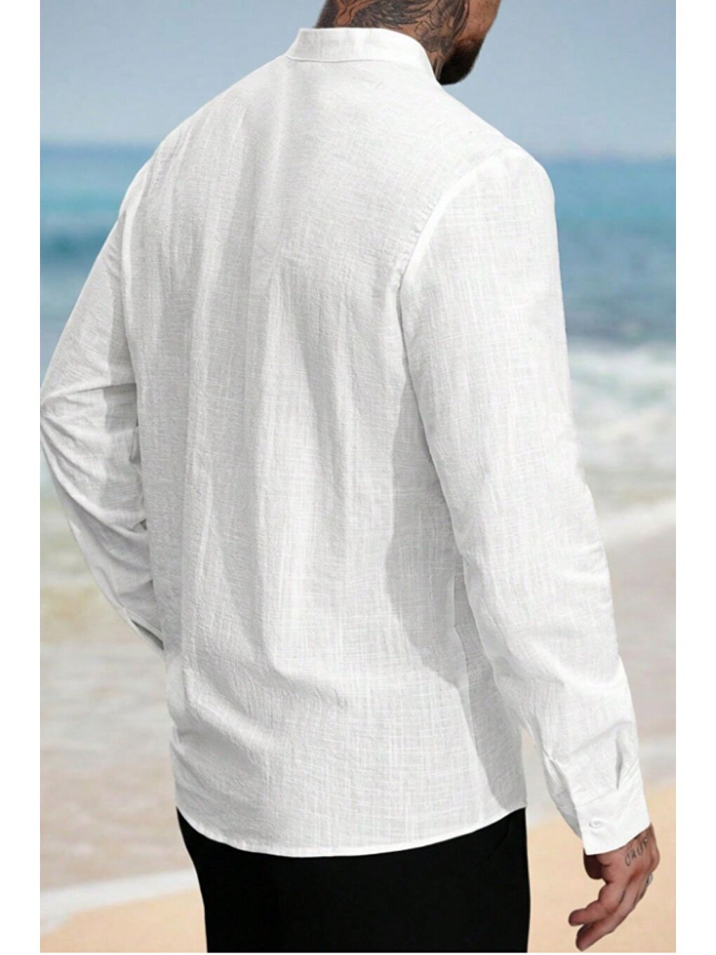 Beyaz Erkek Regular Hakim Yaka Keten Görünümlü Gömlek-2