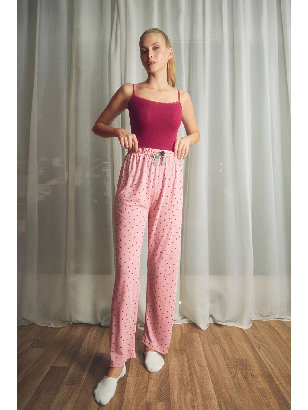 Fullamoda Gülkurusu Kalp Desenli Beli Lastikli Pijama Altı