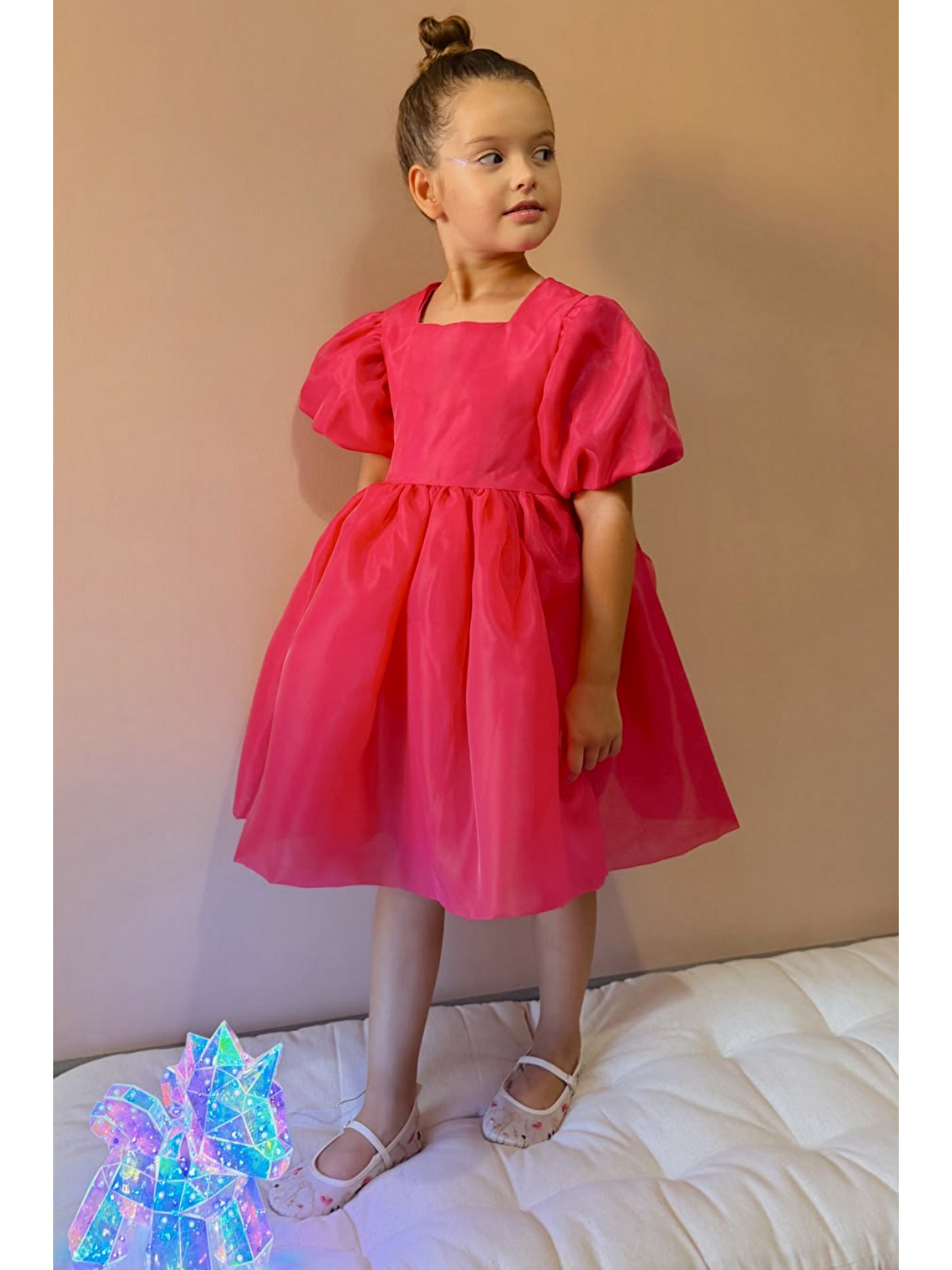 Fuşya Karolin Balon Etek Balon Kollu Kurdeleli Kız Çocuk Kız Bebek Elbise
