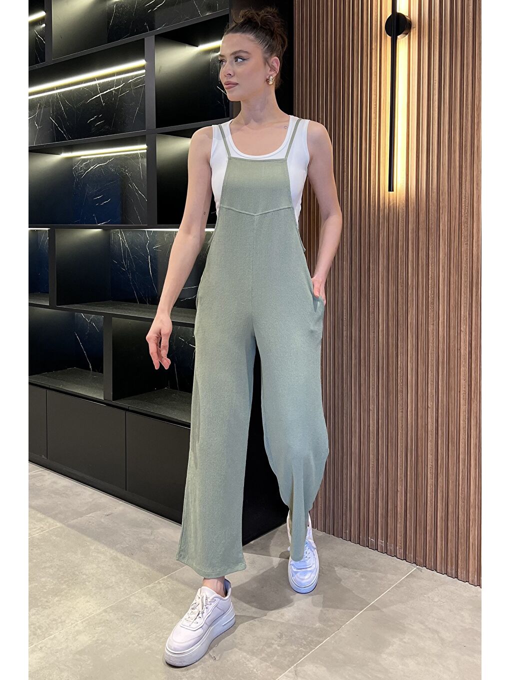 Haki Kadın Ayarlanabilir Askılı Bürümcük Tulum-1