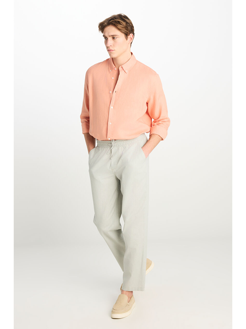 Regular Fit Normal Kesim Lastik Belli Keten Karışımlı Gri Pantolon-1