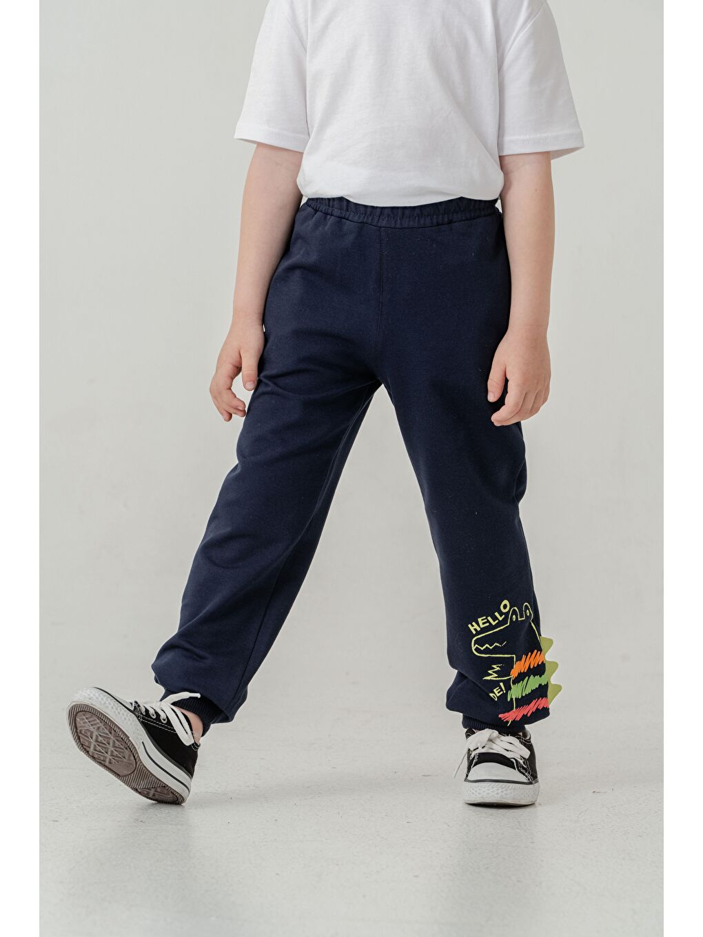 Lacivert Sol Alt Paça Baskılı Lazer Kesim Paça Ribalı Erkek Çocuk Eşofman Alt-3