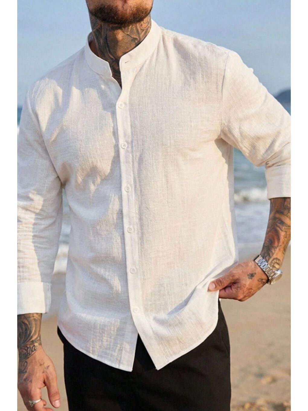 Beyaz Erkek Regular Hakim Yaka Keten Görünümlü Gömlek-3