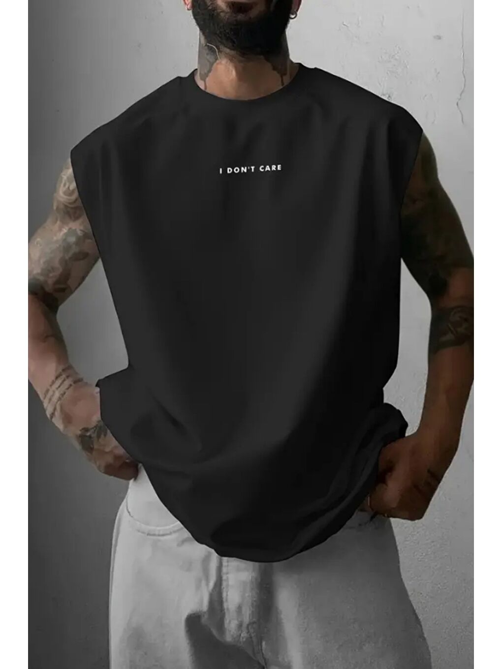 Siyah I Don't Care Baskılı Kolsuz Atlet tshirt Erkek Sıfır Kol Oversize T-SHİRT