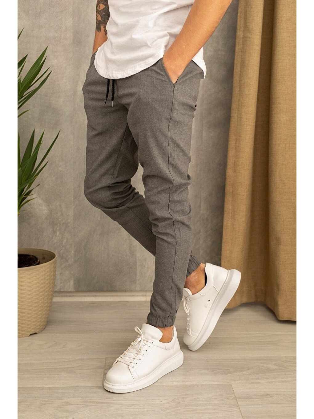Gri Erkek Dar Kalıp Lastikli Paça Jogger Pantolon