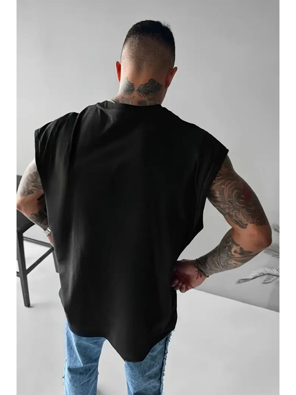 Siyah I Don't Care Baskılı Kolsuz Atlet tshirt Erkek Sıfır Kol Oversize T-SHİRT-1