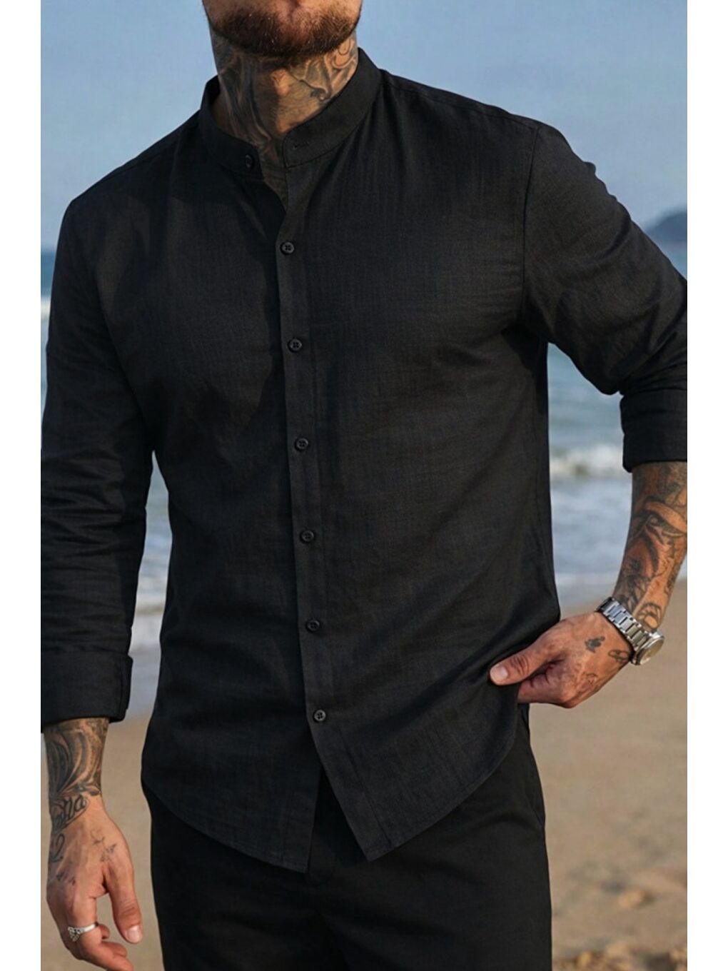 Siyah Erkek Regular Hakim Yaka Keten Görünümlü Gömlek