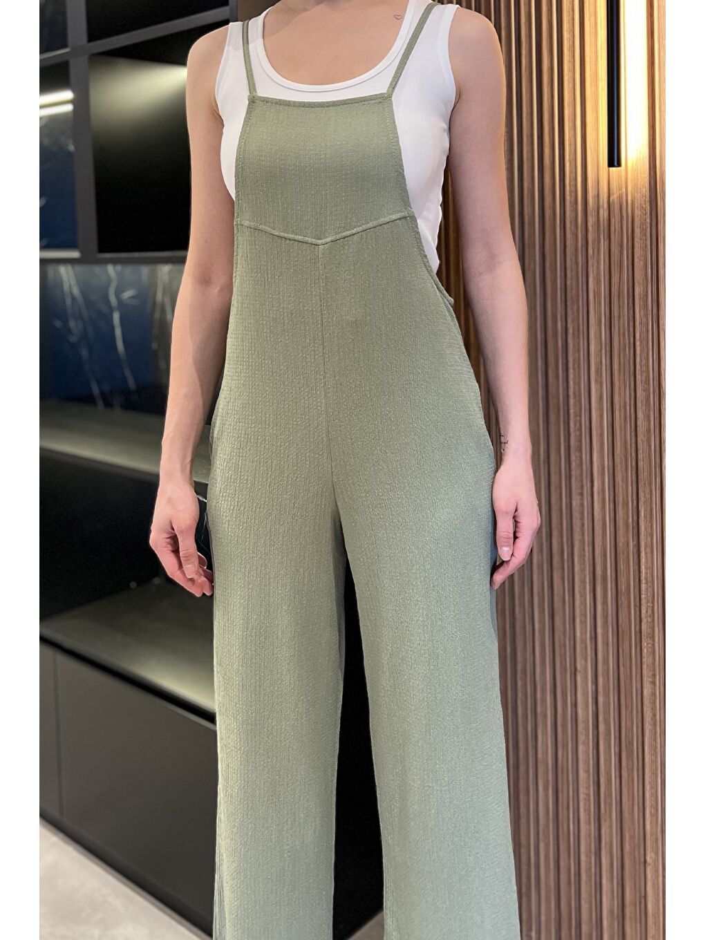 Haki Kadın Ayarlanabilir Askılı Bürümcük Tulum-3