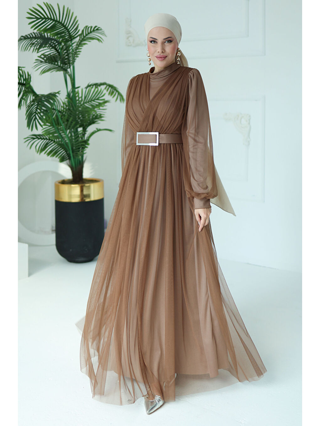 Bej Abiye Elbise Vizon - 26083