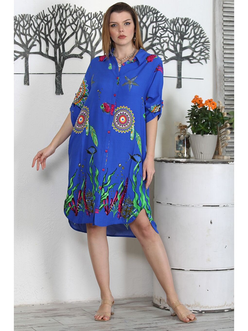 Mavi Gömlek Yaka Düğmeli Uzun Kollu Düğmeli Gizli Cepli Empirme Baskılı Casual Dokuma Elbise-2