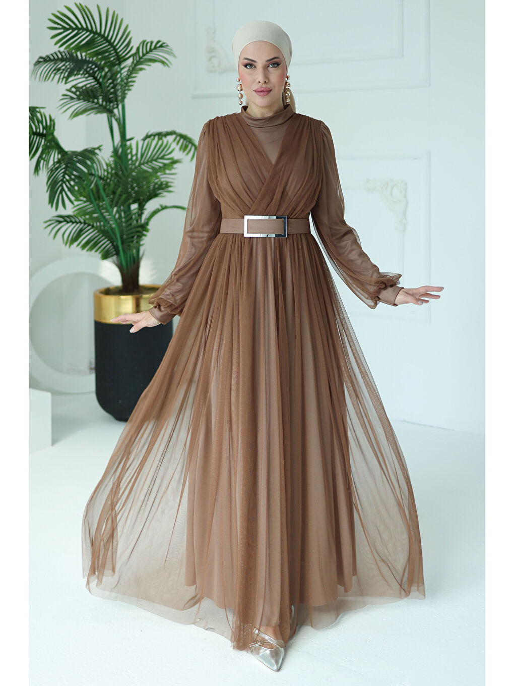 Bej Abiye Elbise Vizon - 26083-1