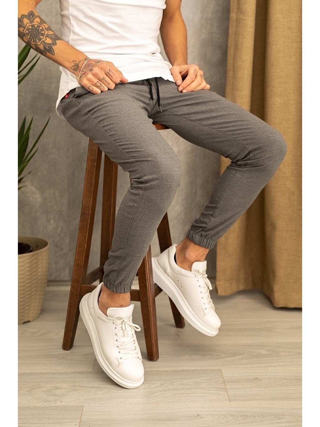 Gri Erkek Dar Kalıp Lastikli Paça Jogger Pantolon-1
