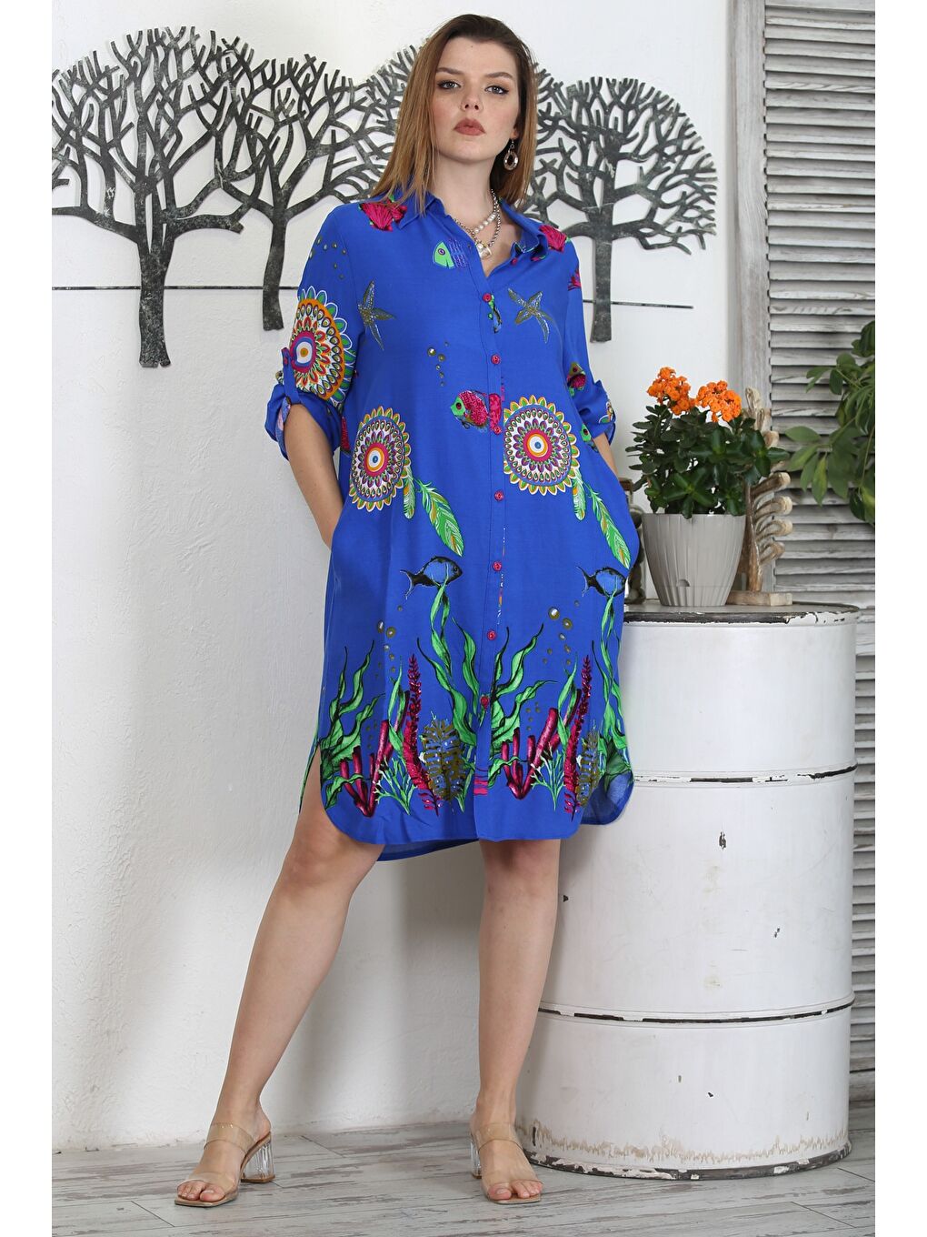 Mavi Gömlek Yaka Düğmeli Uzun Kollu Düğmeli Gizli Cepli Empirme Baskılı Casual Dokuma Elbise-3