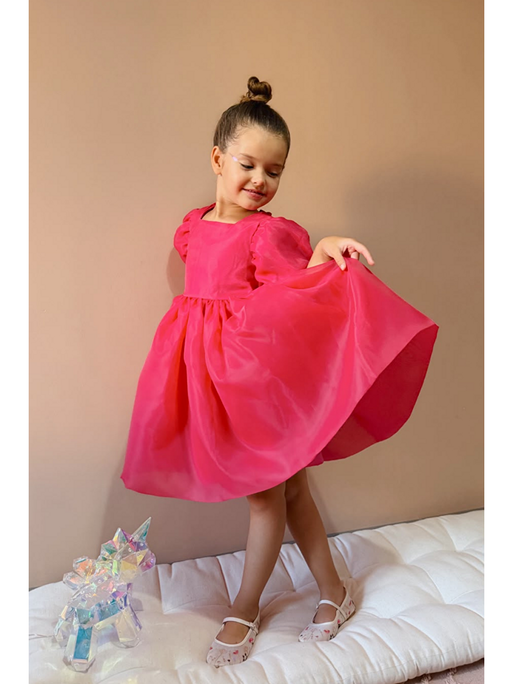 Fuşya Karolin Balon Etek Balon Kollu Kurdeleli Kız Çocuk Kız Bebek Elbise-3