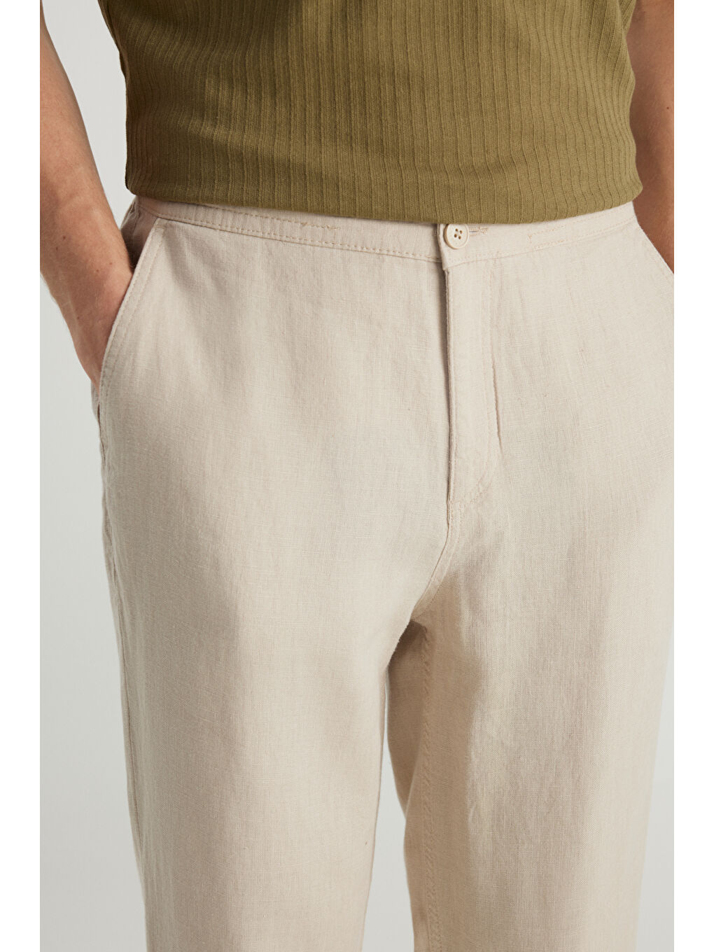 %100 Keten Regular Fit Normal Kesim Normal Bel Düz Paça Bej Pantolon-4