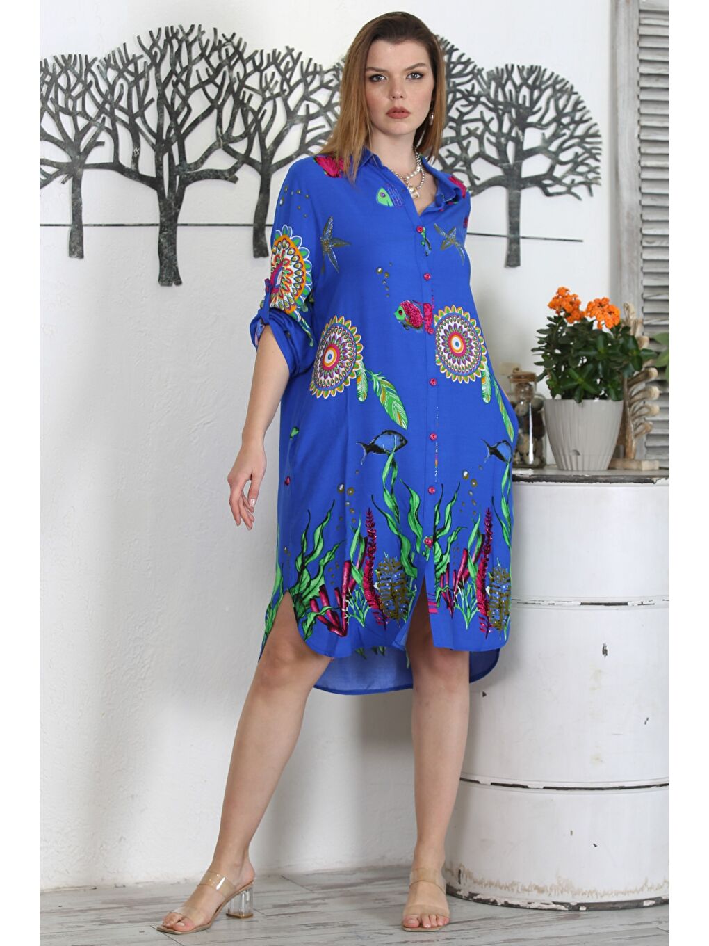 Mavi Gömlek Yaka Düğmeli Uzun Kollu Düğmeli Gizli Cepli Empirme Baskılı Casual Dokuma Elbise-4