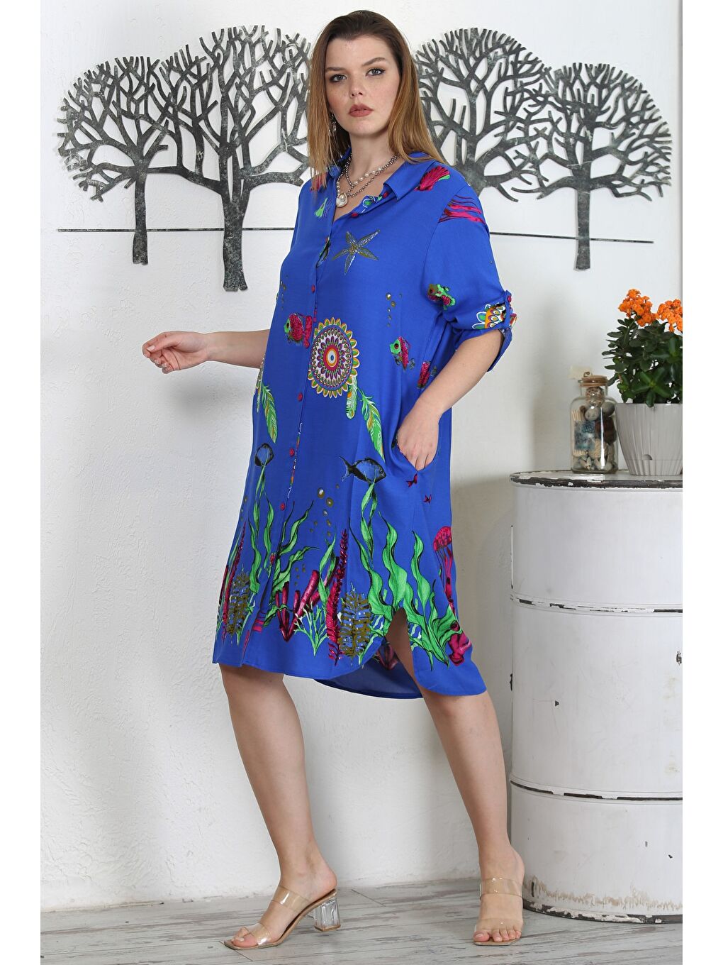 Mavi Gömlek Yaka Düğmeli Uzun Kollu Düğmeli Gizli Cepli Empirme Baskılı Casual Dokuma Elbise-5