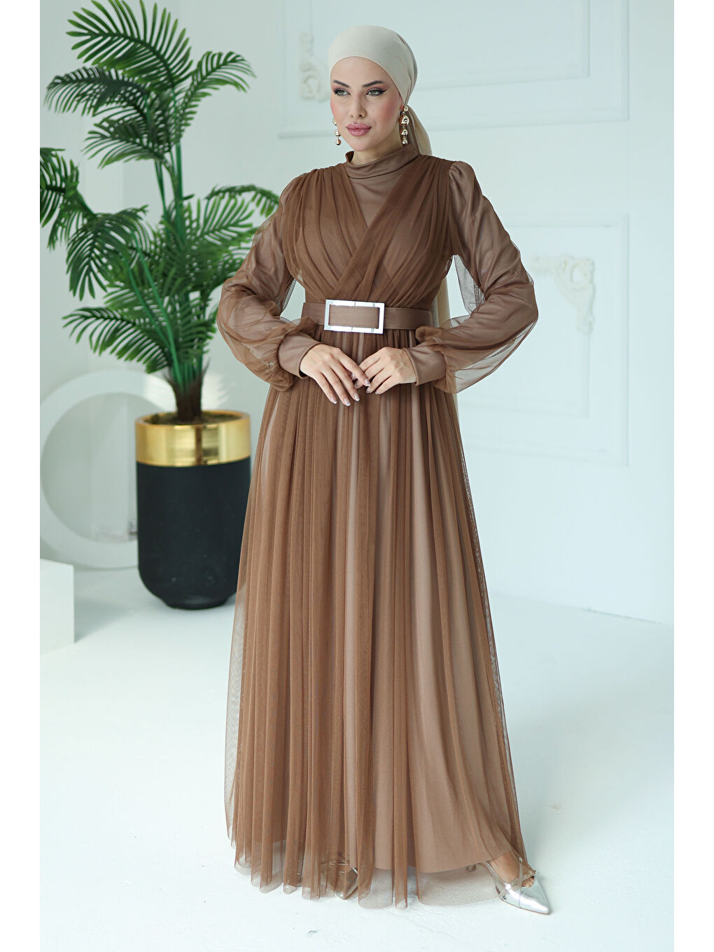 Bej Abiye Elbise Vizon - 26083-2