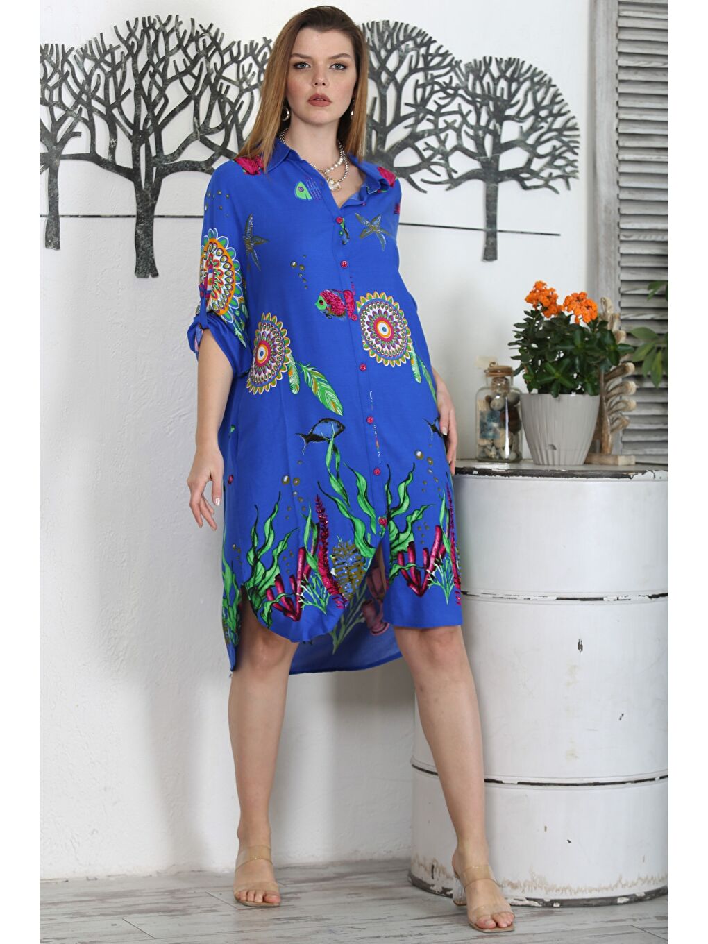 Mavi Gömlek Yaka Düğmeli Uzun Kollu Düğmeli Gizli Cepli Empirme Baskılı Casual Dokuma Elbise-6