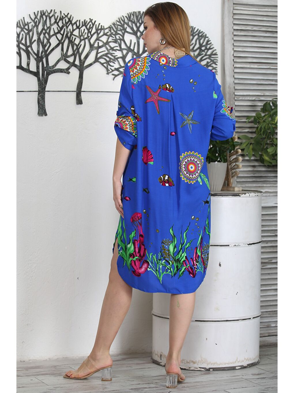 Mavi Gömlek Yaka Düğmeli Uzun Kollu Düğmeli Gizli Cepli Empirme Baskılı Casual Dokuma Elbise-7