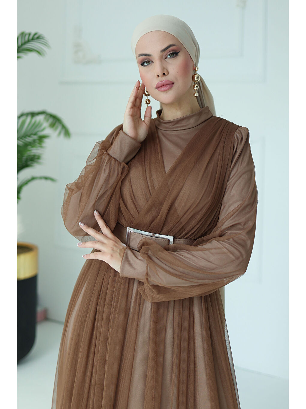 Bej Abiye Elbise Vizon - 26083-3