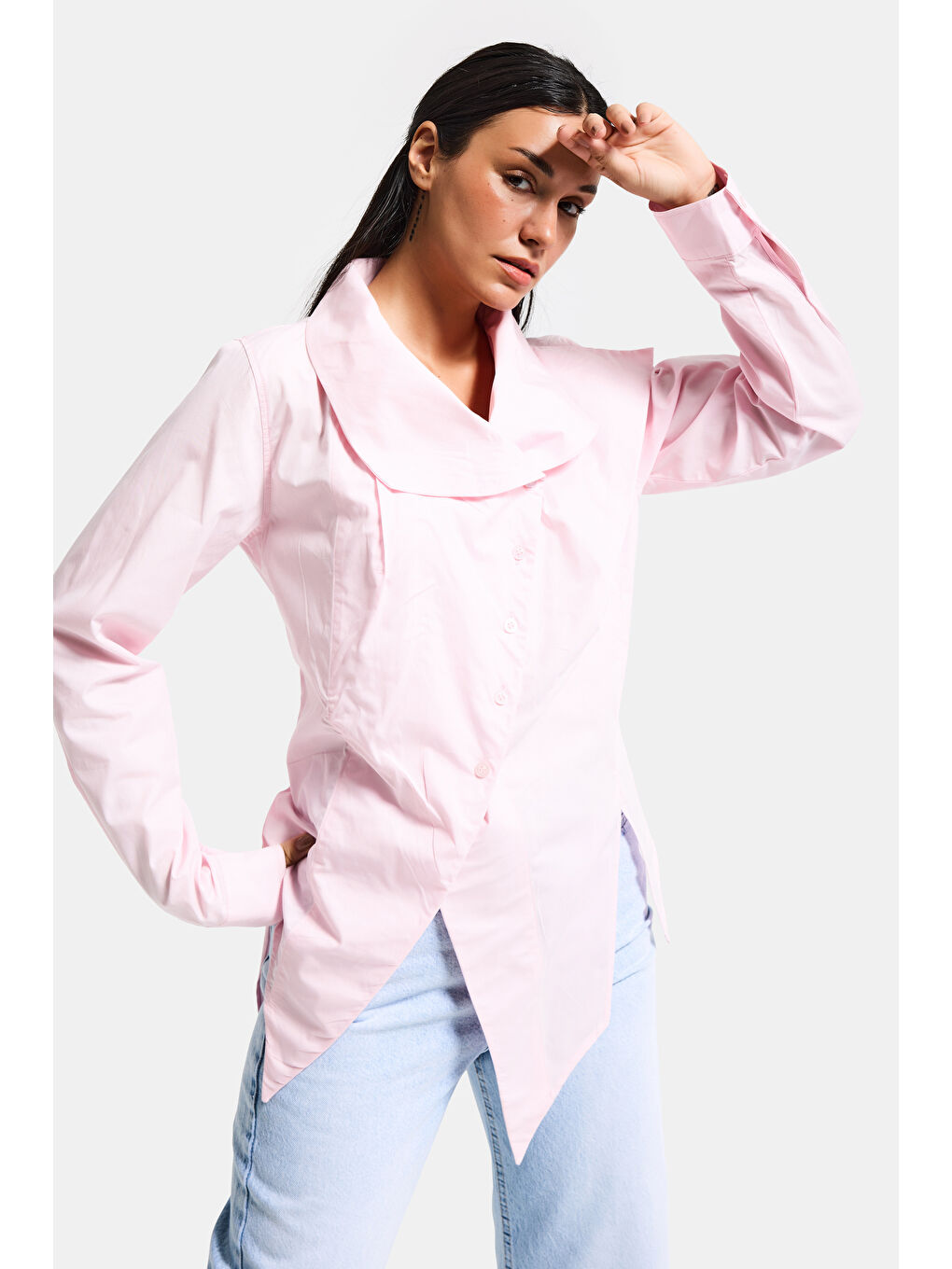 Kadın Pembe Renk Regular Fit Özel Yaka Detaylı Tasarım Gömlek-5
