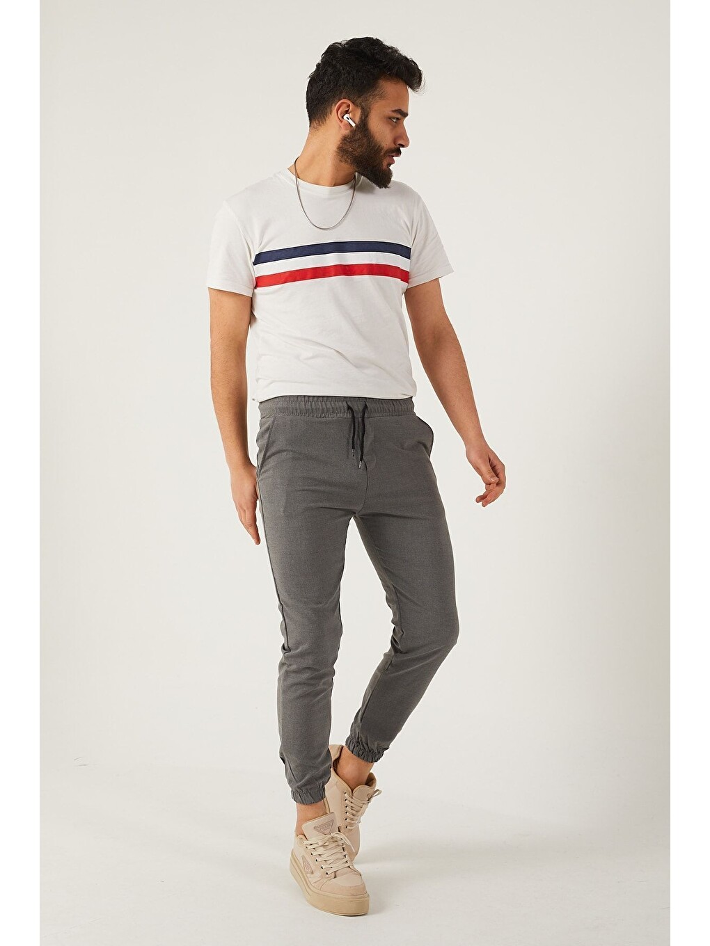 Gri Erkek Dar Kalıp Lastikli Paça Jogger Pantolon-5
