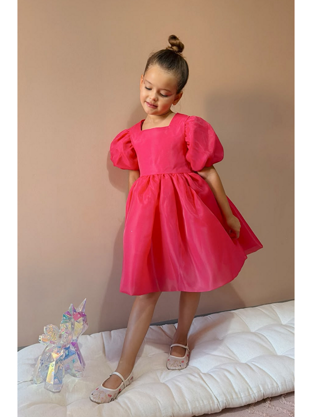 Fuşya Karolin Balon Etek Balon Kollu Kurdeleli Kız Çocuk Kız Bebek Elbise-5