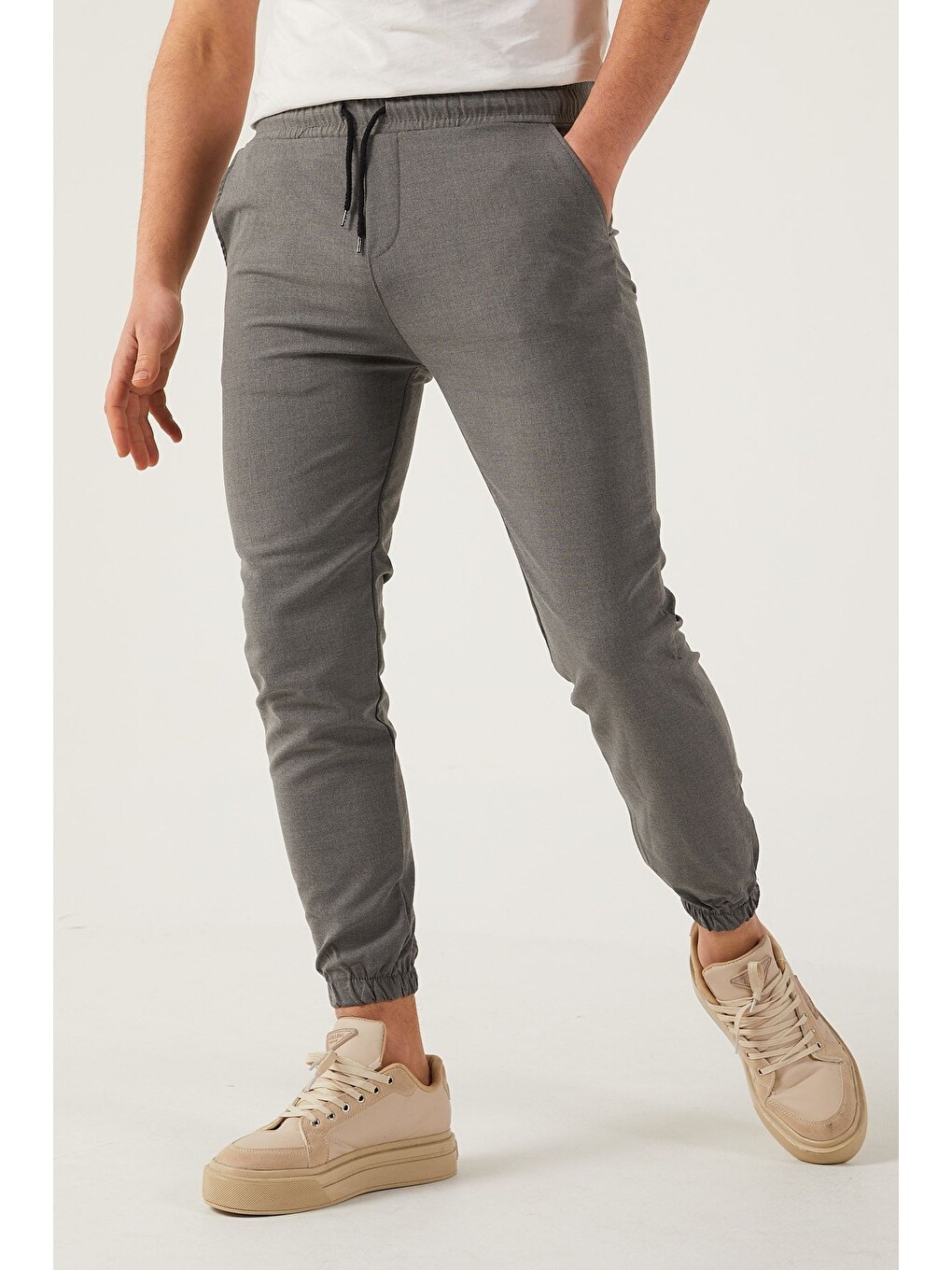 Gri Erkek Dar Kalıp Lastikli Paça Jogger Pantolon-7
