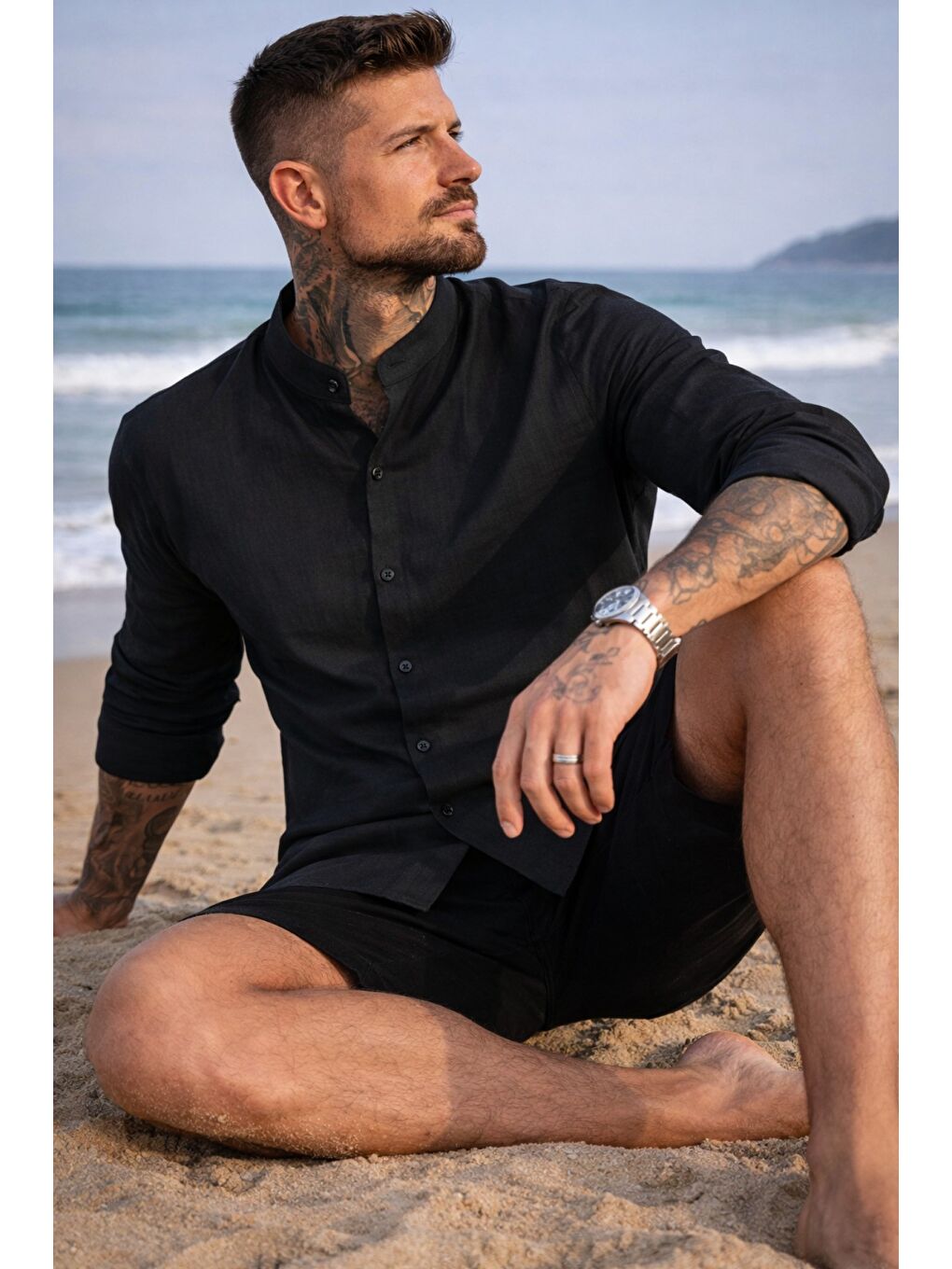 Siyah Erkek Regular Hakim Yaka Keten Görünümlü Gömlek-1