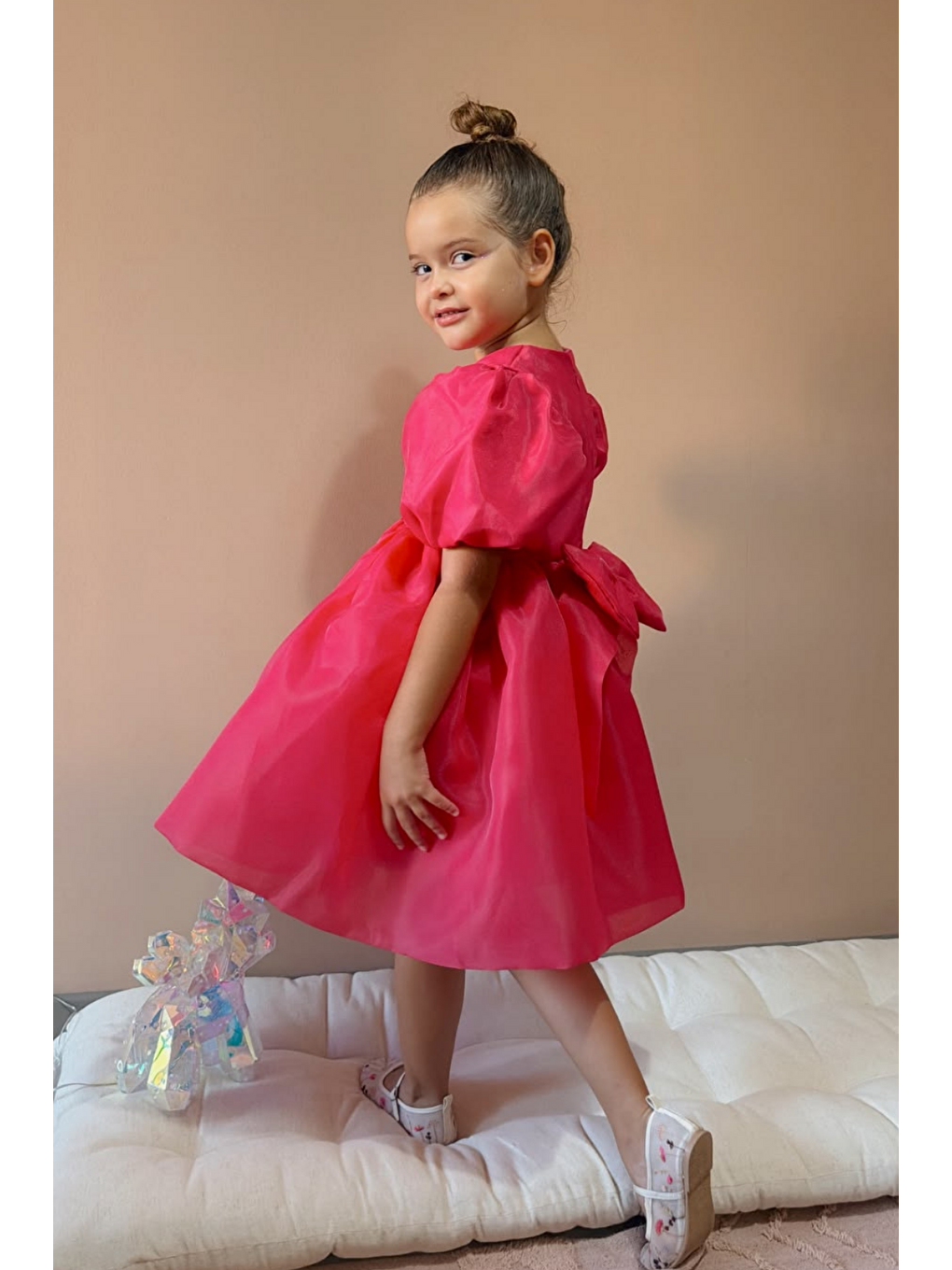 Fuşya Karolin Balon Etek Balon Kollu Kurdeleli Kız Çocuk Kız Bebek Elbise-6