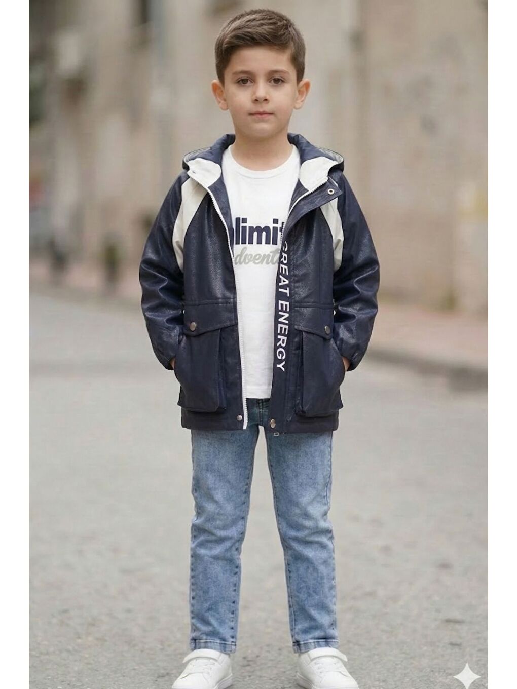 Lacivert Erkek Çocuk Kapüşonlu Nova Mevsimlik Mont Penye Pantolon Üçlü Takım TKM7587-1