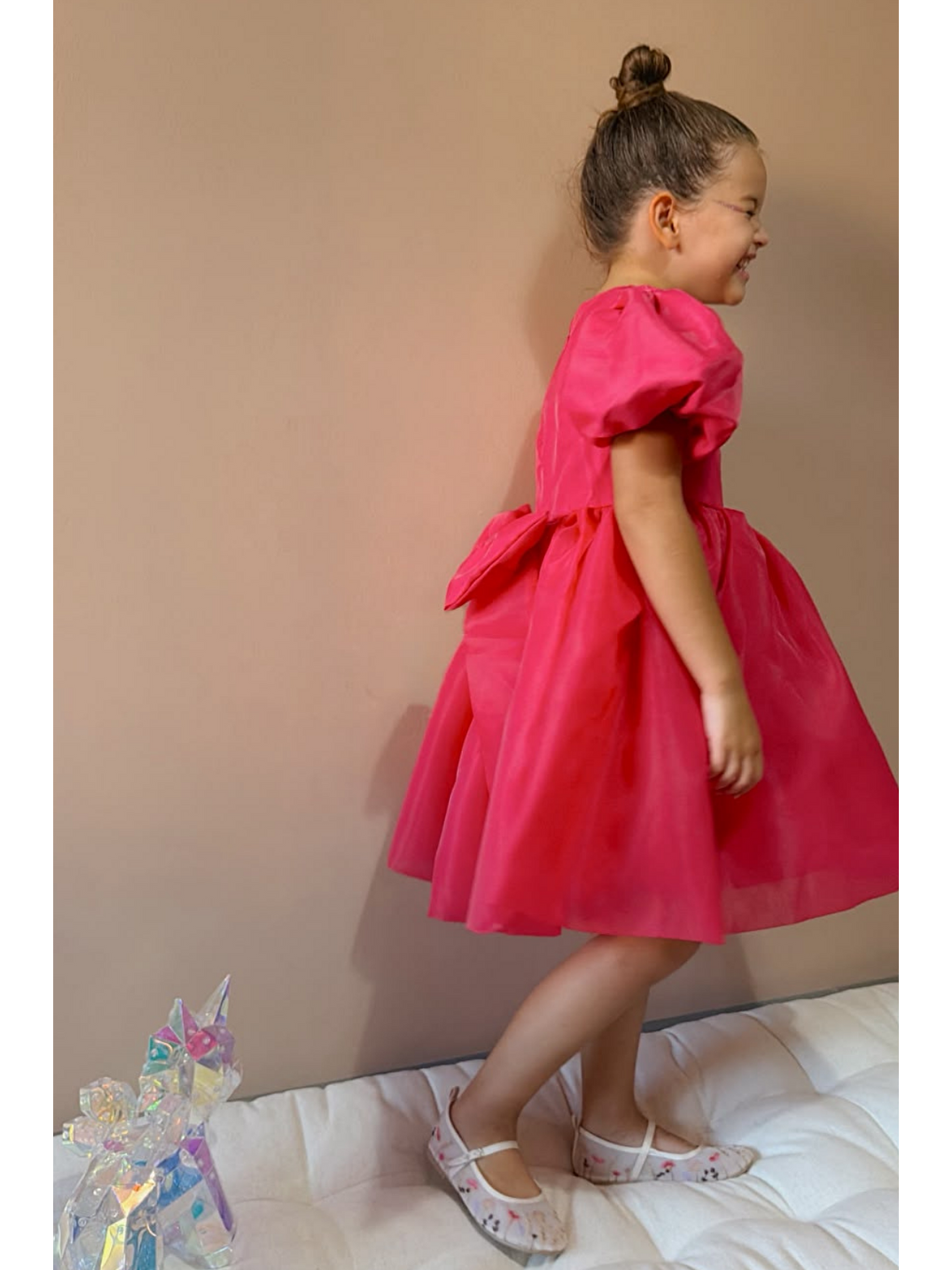 Fuşya Karolin Balon Etek Balon Kollu Kurdeleli Kız Çocuk Kız Bebek Elbise-7